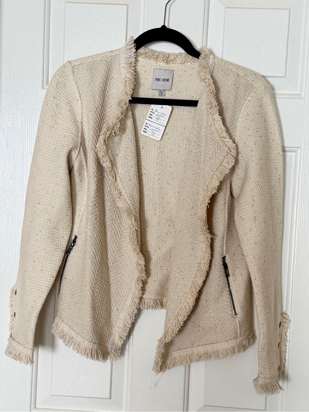NIC+ZOE Cream Fringe Open Front Tweed Knit Jacket Medium Metallic Zip Pockets - Picture 2 of 8